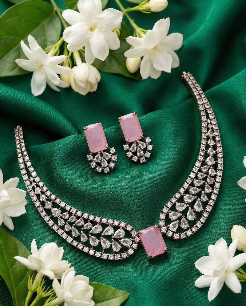 Pink american diamond necklace set | cz crystal party wear jewelry for women