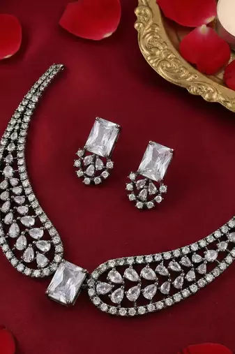 White american diamond necklace set | cz crystal party wear jewelry for women
