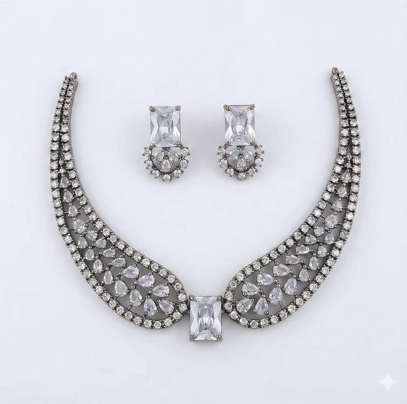 White american diamond necklace set | cz crystal party wear jewelry for women