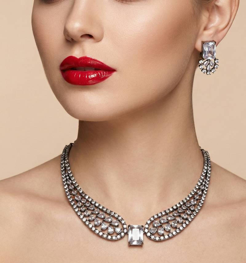 White american diamond necklace set | cz crystal party wear jewelry for women