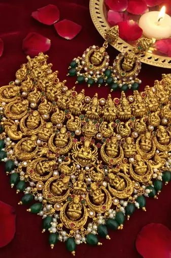 Antique gold lakshmi temple jewelry set - traditional green bead bridal choker necklace south indian ethnic wedding wear