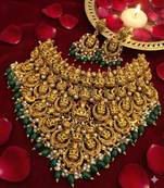 Antique gold lakshmi temple jewelry set - traditional green bead bridal choker necklace south indian ethnic wedding wear