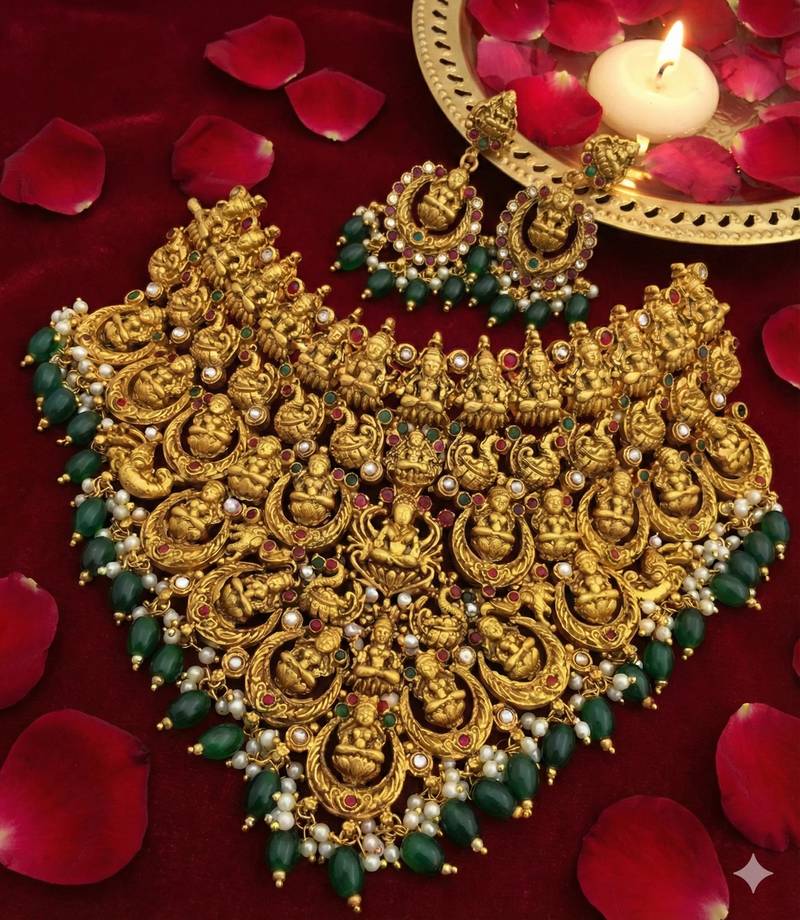 Antique gold lakshmi temple jewelry set - traditional green bead bridal choker necklace south indian ethnic wedding wear