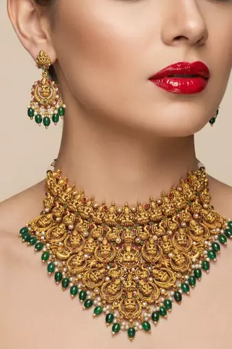 Antique gold lakshmi temple jewelry set - traditional green bead bridal choker necklace south indian ethnic wedding wear