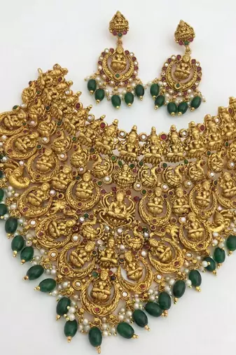 Antique gold lakshmi temple jewelry set - traditional green bead bridal choker necklace south indian ethnic wedding wear