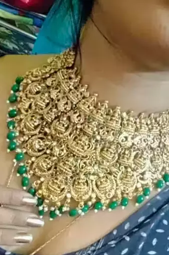 Antique gold lakshmi temple jewelry set - traditional green bead bridal choker necklace south indian ethnic wedding wear