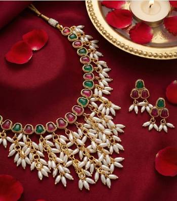 Gold plated ruby & emerald hued stone pearl choker Necklace :: set | traditional indian wedding jewelry 1