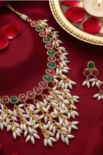 Gold plated ruby & emerald hued stone pearl choker necklace set | traditional indian wedding jewelry