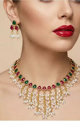 Gold plated ruby & emerald hued stone pearl choker Necklace :: set | traditional indian wedding jewelry