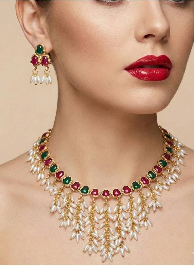 Gold plated ruby & emerald hued stone pearl choker necklace set | traditional indian wedding jewelry