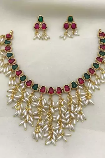 Gold plated ruby & emerald hued stone pearl choker Necklace :: set | traditional indian wedding jewelry