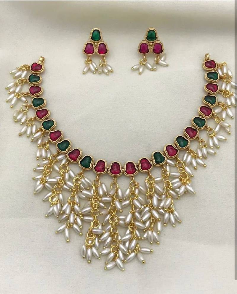 Gold plated ruby & emerald hued stone pearl choker necklace set | traditional indian wedding jewelry