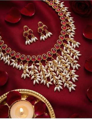 Gold plated ruby hued stone pearl choker Necklace :: set | traditional indian wedding jewelry 1