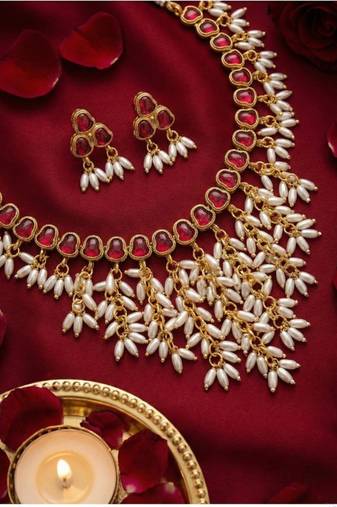 Gold plated ruby hued stone pearl choker necklace set | traditional indian wedding jewelry