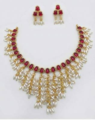 Gold plated ruby hued stone pearl choker Necklace :: set | traditional indian wedding jewelry 3