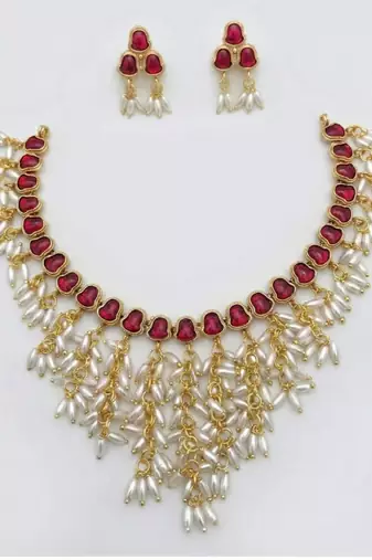 Gold plated ruby hued stone pearl choker Necklace :: set | traditional indian wedding jewelry