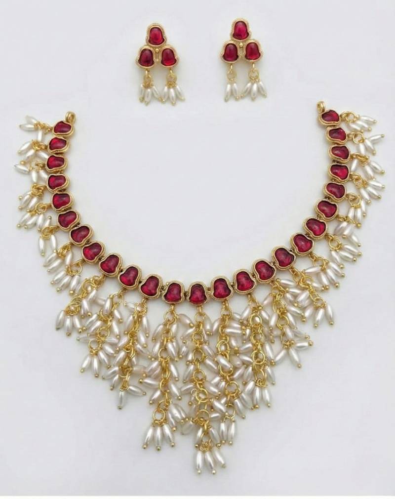 Gold plated ruby hued stone pearl choker necklace set | traditional indian wedding jewelry