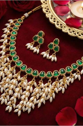 Gold plated emerald hued stone pearl choker necklace set | traditional indian wedding jewelry
