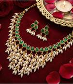 Gold plated emerald hued stone pearl choker necklace set | traditional indian wedding jewelry