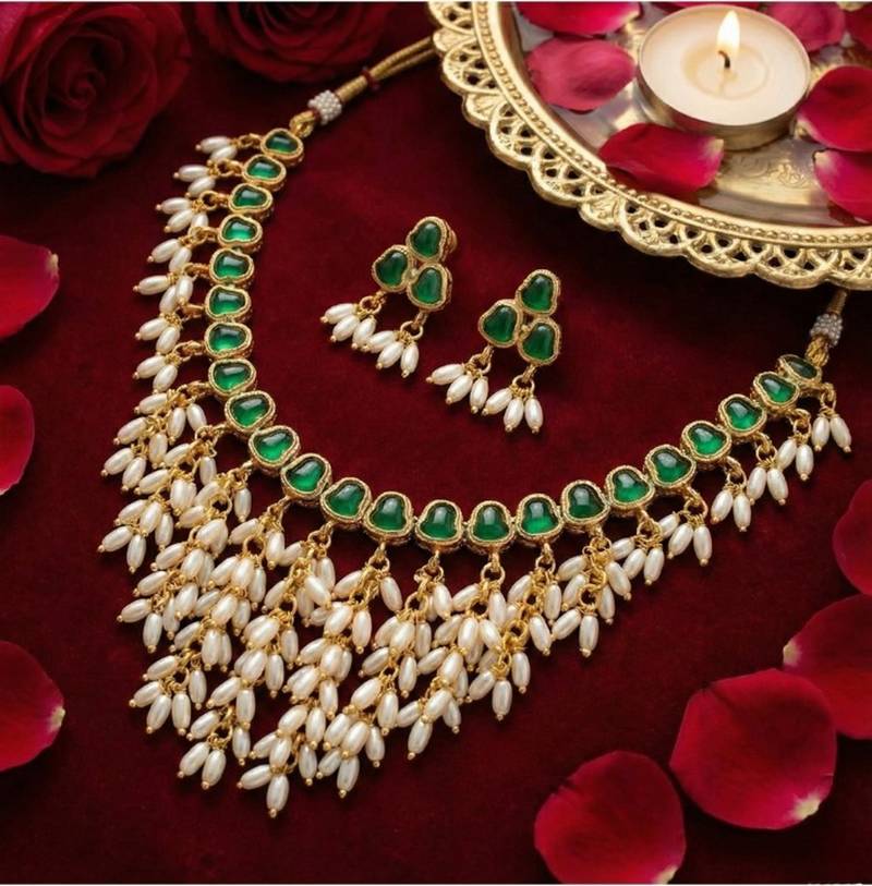 Gold plated emerald hued stone pearl choker necklace set | traditional indian wedding jewelry