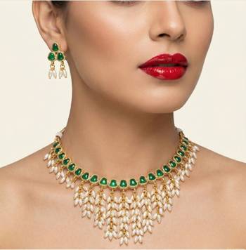 Gold plated emerald hued stone pearl choker Necklace :: set | traditional indian wedding jewelry 2