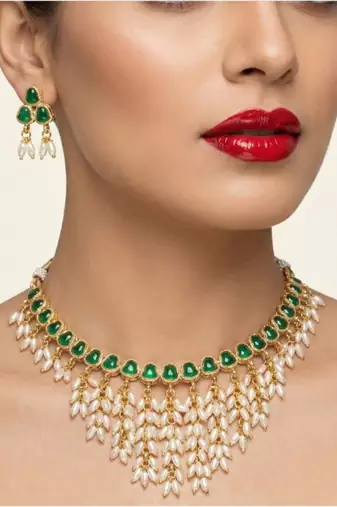 Gold plated emerald hued stone pearl choker Necklace :: set | traditional indian wedding jewelry