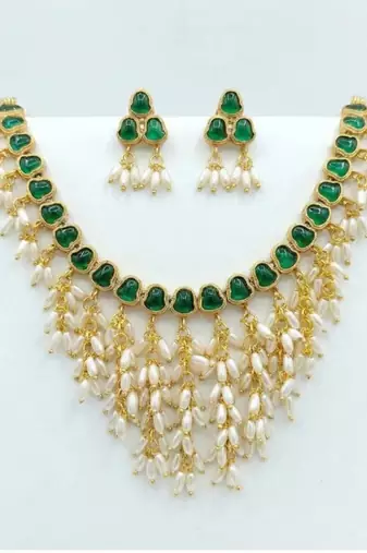 Gold plated emerald hued stone pearl choker Necklace :: set | traditional indian wedding jewelry