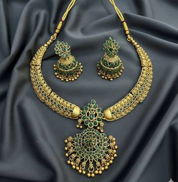 Handcrafted antique gold plated ethnic necklace set with emerald green stones & jhumkas -traditional indian wedding wear 1