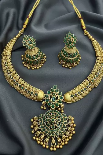 Handcrafted antique gold plated ethnic necklace set with emerald green stones & jhumkas -traditional indian wedding wear