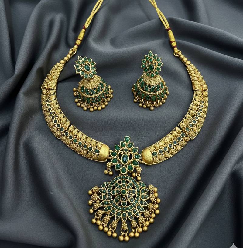 Handcrafted antique gold plated ethnic necklace set with emerald green stones & jhumkas -traditional indian wedding wear