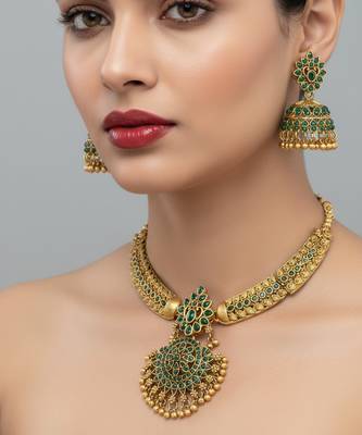 Handcrafted antique gold plated ethnic necklace set with emerald green stones & jhumkas -traditional indian wedding wear 2