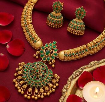 Handcrafted antique gold plated ethnic necklace set with emerald green stones & jhumkas -traditional indian wedding wear 3
