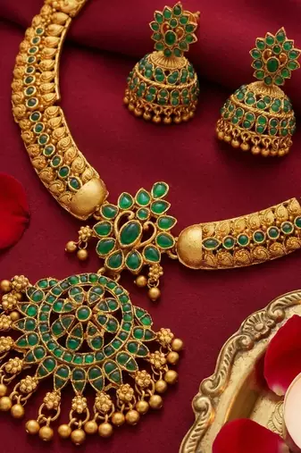 Handcrafted antique gold plated ethnic necklace set with emerald green stones & jhumkas -traditional indian wedding wear