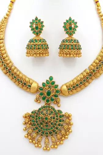 Handcrafted antique gold plated ethnic necklace set with emerald green stones & jhumkas -traditional indian wedding wear