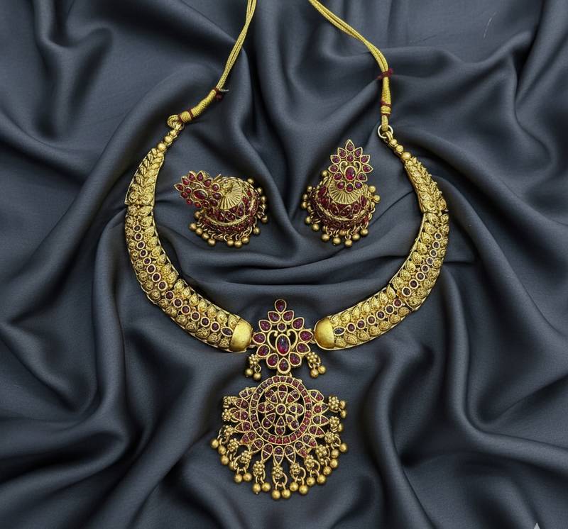 Handcrafted antique gold plated ethnic necklace set with red stones & jhumkas -traditional indian wedding wear