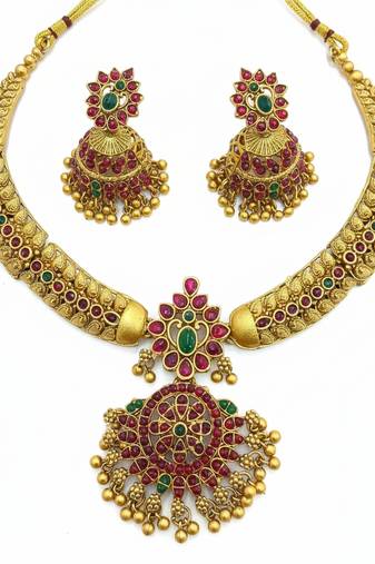Handcrafted antique gold plated ethnic necklace set with red  green stones & jhumkas -traditional indian wedding wear
