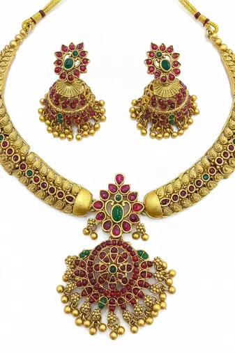 Handcrafted antique gold plated ethnic necklace set with red  green stones & jhumkas -traditional indian wedding wear