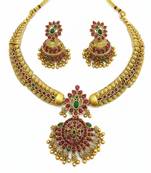 Handcrafted antique gold plated ethnic necklace set with red  green stones & jhumkas -traditional indian wedding wear