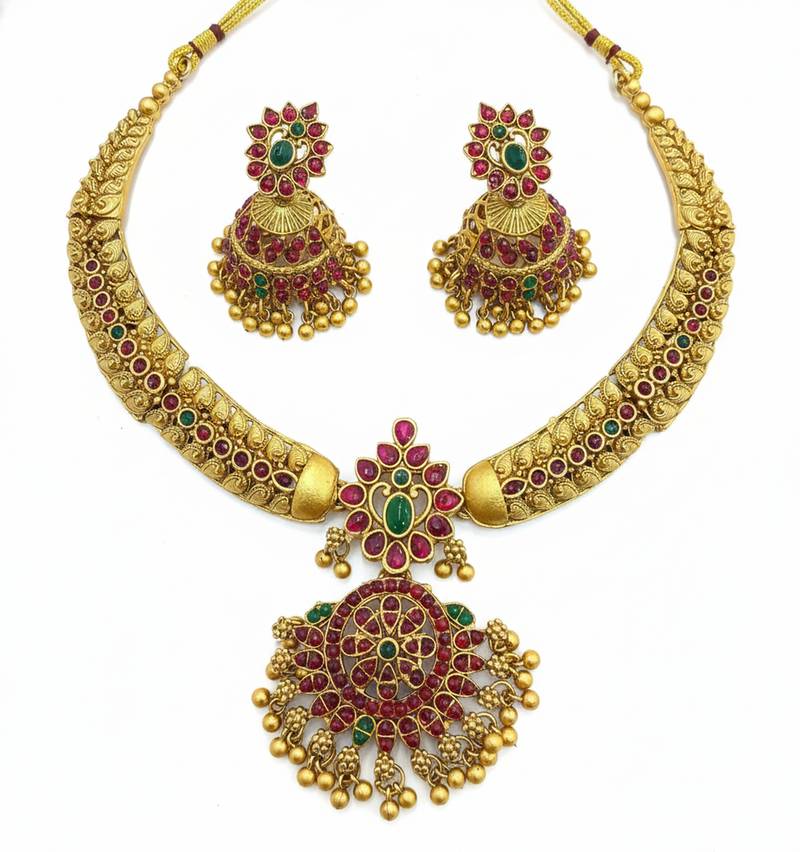 Handcrafted antique gold plated ethnic necklace set with red  green stones & jhumkas -traditional indian wedding wear