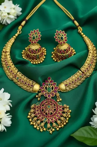 Handcrafted antique gold plated ethnic Necklace :: set with red  green stones & jhumkas -traditional indian wedding wear