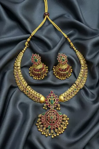 Handcrafted antique gold plated ethnic Necklace :: set with red  green stones & jhumkas -traditional indian wedding wear
