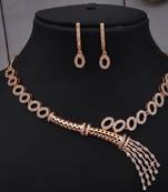 Traditional handcrafted rose gold-plated cz necklace set with oval motifs & tassel design