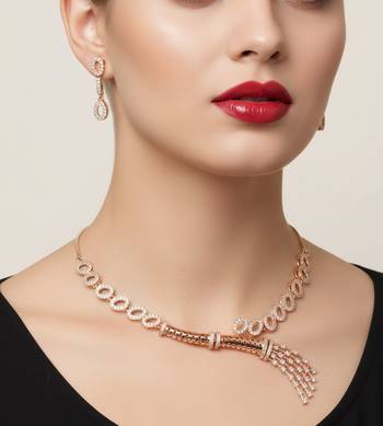 Traditional handcrafted rose gold-plated cz necklace set with oval motifs & tassel design 2