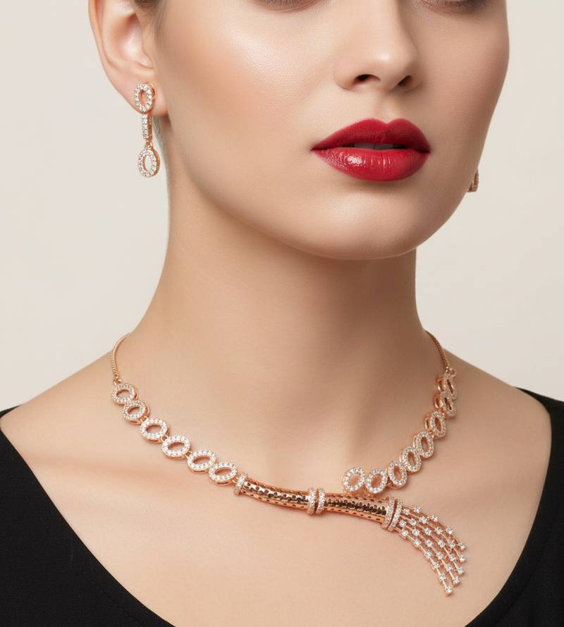 Traditional handcrafted rose gold-plated cz necklace set with oval motifs & tassel design
