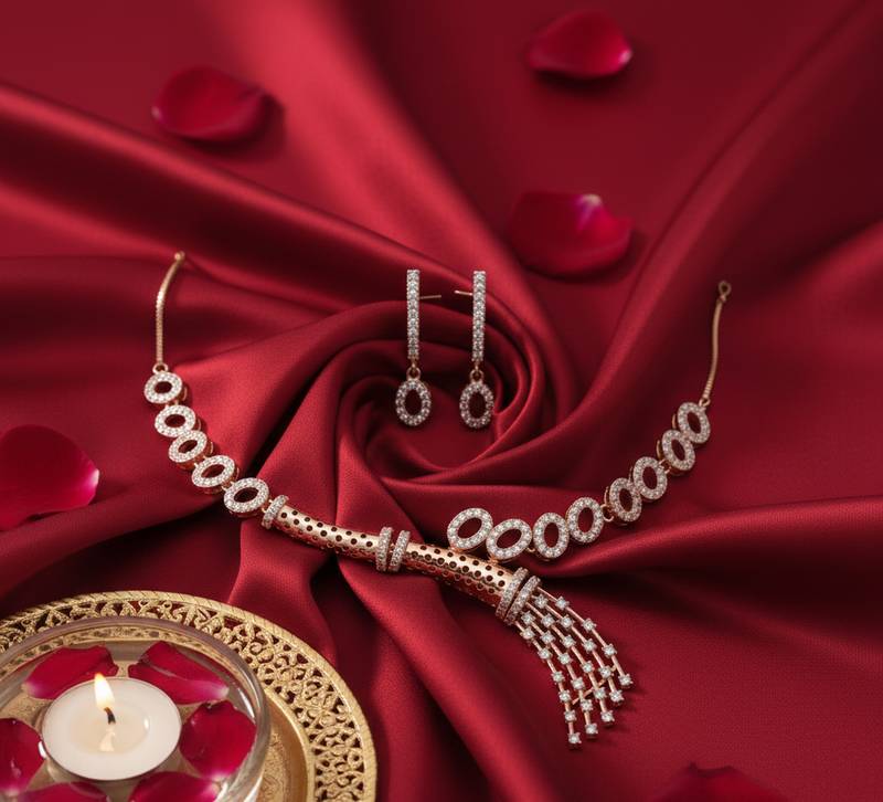 Traditional handcrafted rose gold-plated cz necklace set with oval motifs & tassel design