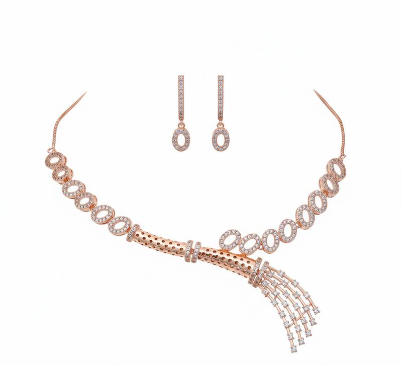 Traditional handcrafted rose gold-plated cz necklace set with oval motifs & tassel design