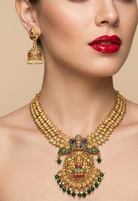 Antique gold temple jewelry set: lakshmi peacock long haram & jhumkas | traditional bridal ethnic wear 1