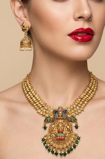 Antique gold temple jewelry set: lakshmi peacock long haram & jhumkas | traditional bridal ethnic wear