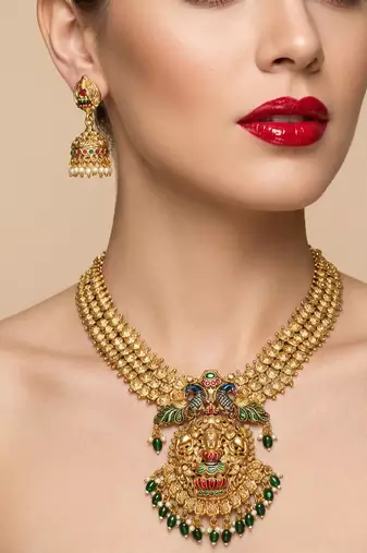 Antique gold temple jewelry set: lakshmi peacock long haram & jhumkas | traditional bridal ethnic wear