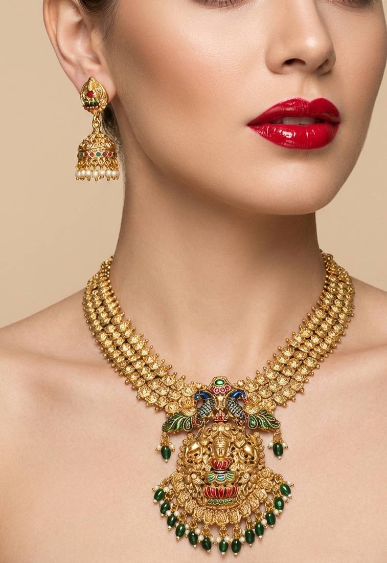 Antique gold temple jewelry set: lakshmi peacock long haram & jhumkas | traditional bridal ethnic wear